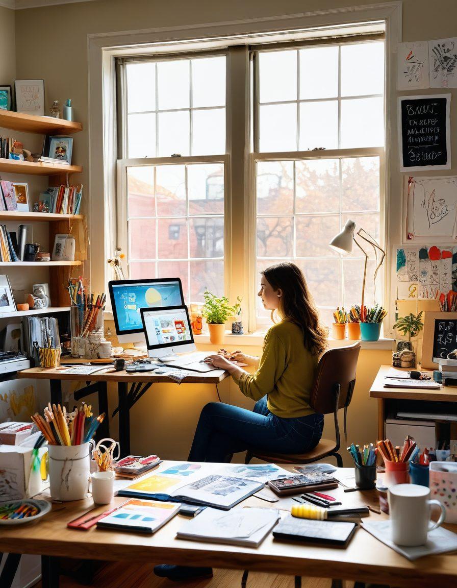 A vibrant scene of a person sitting at a creative workspace, surrounded by colorful art supplies, a laptop displaying a blog interface, and sketches of ideas on the desk. The background features floating digital elements like social media icons and vibrant light bulbs representing creativity. A bright sunbeam shines through a window, symbolizing inspiration. whimsical style. bright colors. 3D.