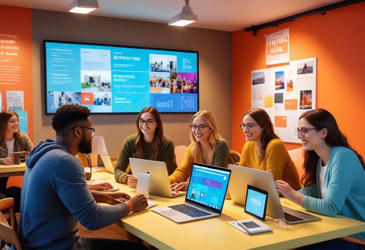 A diverse group of bloggers working together in a cozy, colorful virtual workspace, sharing ideas on a large digital screen filled with engagement metrics and audience comments. Include elements like laptops, coffee cups, and inspiring posters about community building. A warm, inviting atmosphere with a hint of modern technology in the background. vibrant colors. 3D.