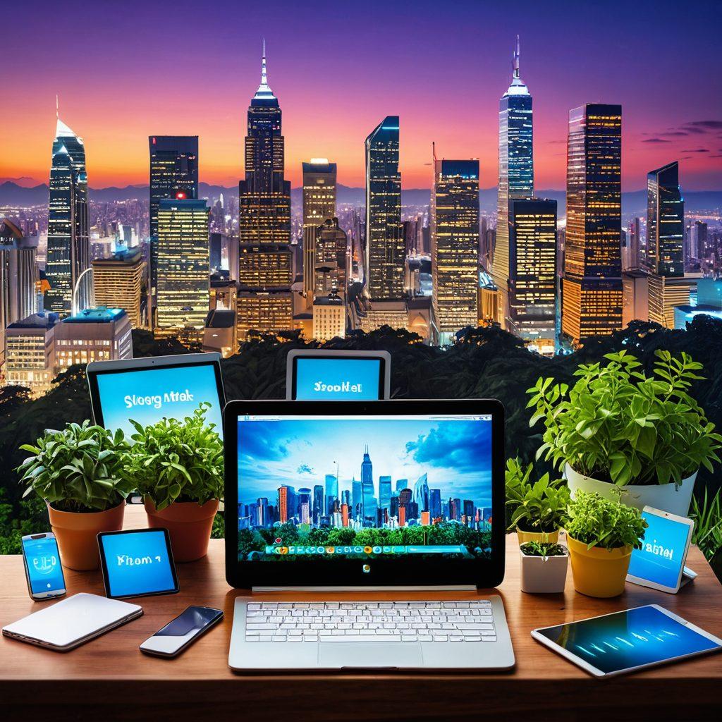 A vibrant digital landscape filled with various blogging tools like laptops, smartphones, and tablets, surrounded by icons representing social media, analytics, and SEO. The environment should include a picturesque skyline of a city blending technology with nature, showcasing creativity and innovation. Bright colors and a dynamic composition that invites engagement and inspiration. super-realistic. vibrant colors. 3D.
